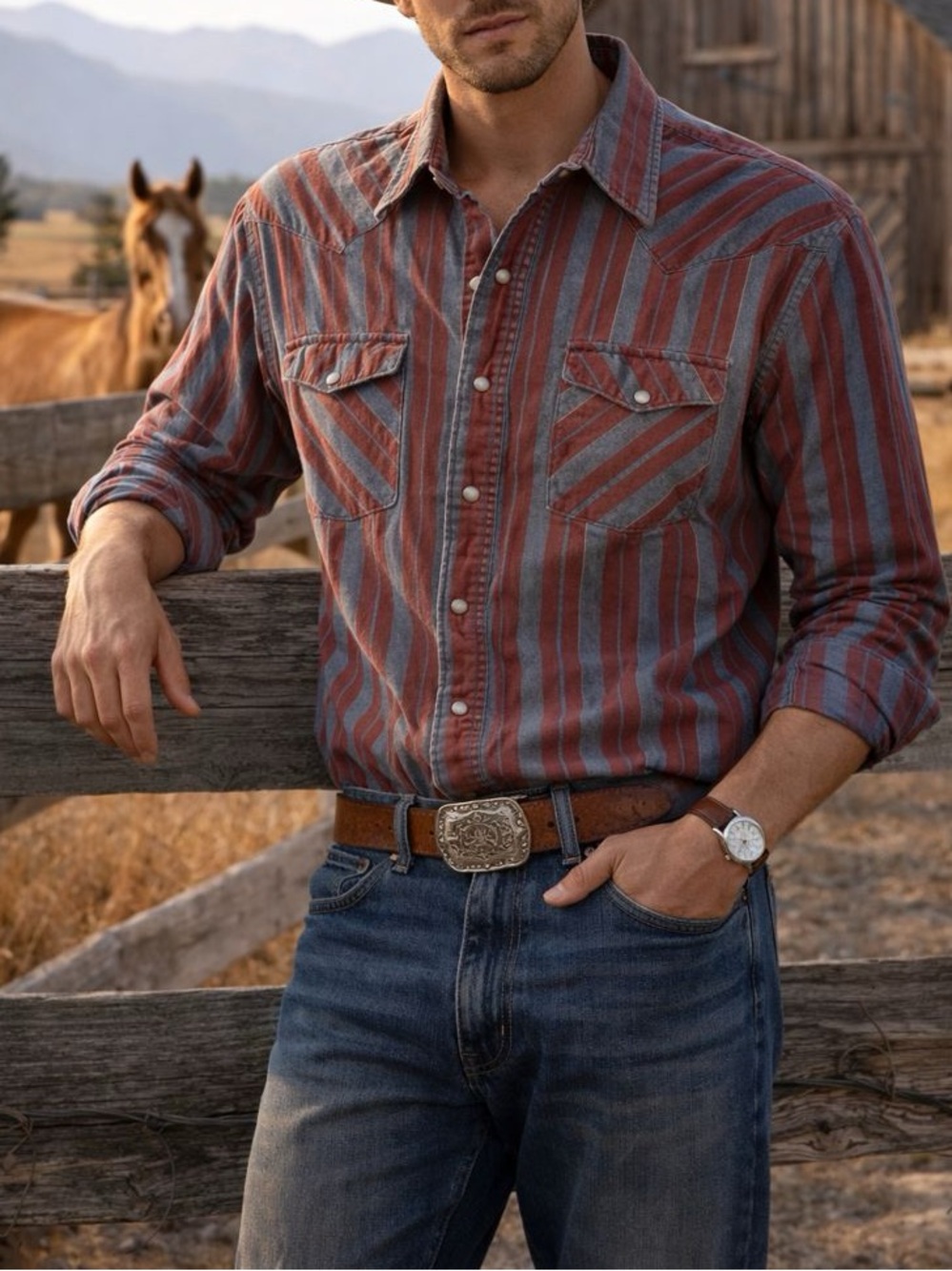 Vintage Roadrunner Men's Red & Blue Striped Western Pearl Snap Shirt Cowboy
